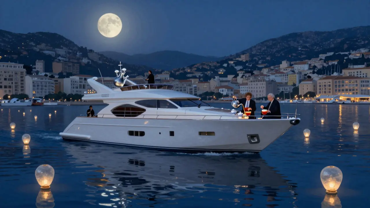 A private yacht at night off Monaco's coast, lit by lanterns, with a string quartet playing as moonlight reflects on the water.