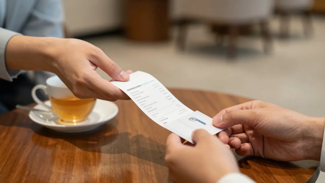 A receipt and business card are placed on a table, symbolizing clear, professional communication.