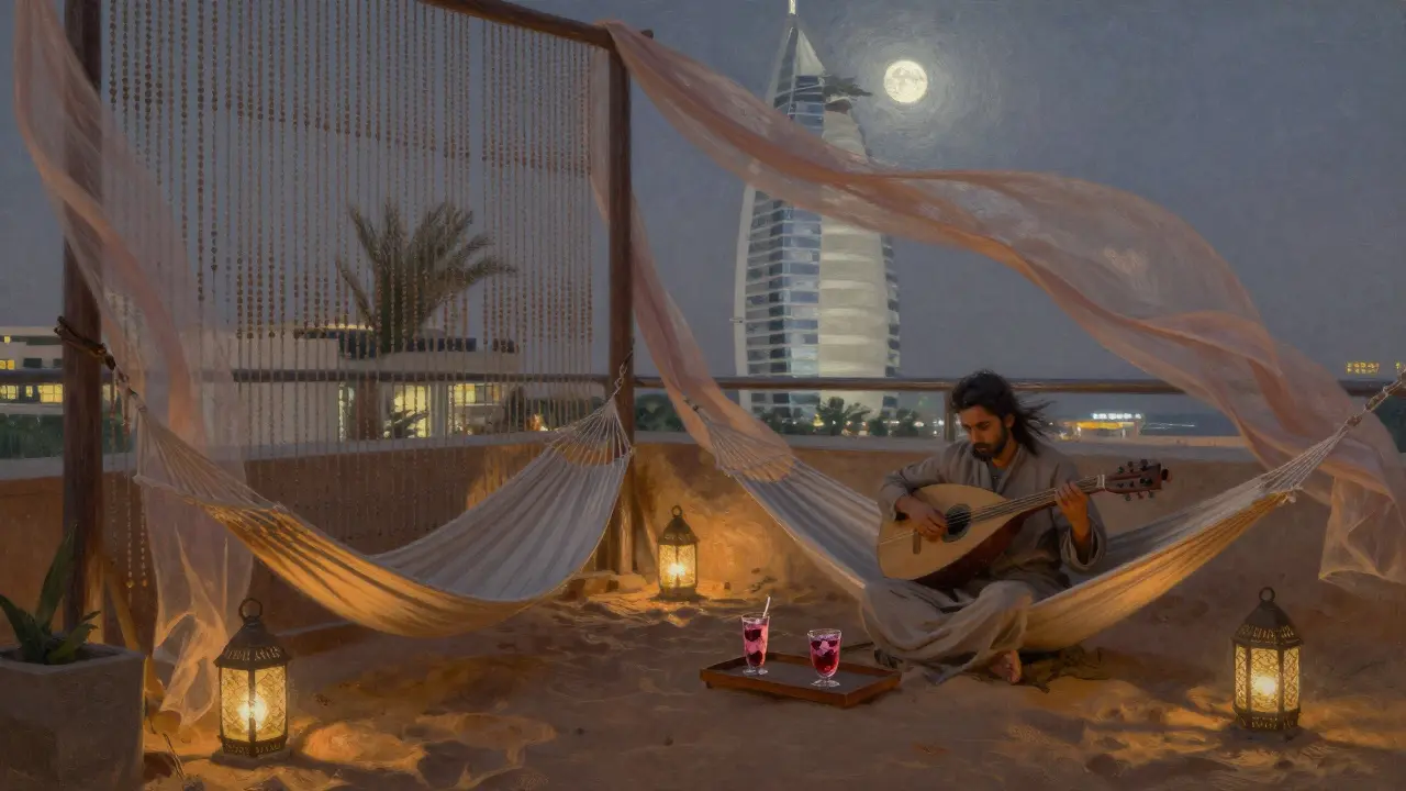 A secret rooftop garden at night with hammocks, lanterns, and an oud player performing under the stars.