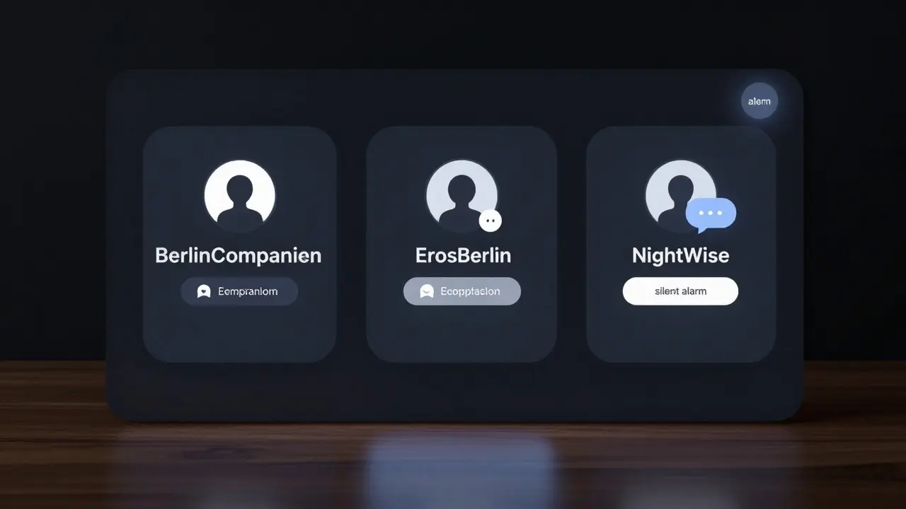 A secure digital interface showing three verified Berlin companion platforms with encrypted chat and silent alarm feature, dark UI, no personal details visible.