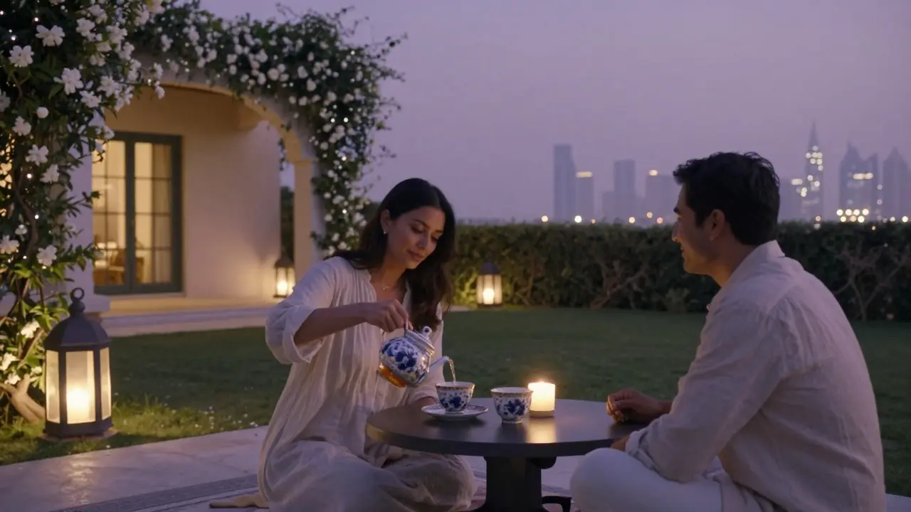 A serene villa garden in Emirates Hills at dusk, with tea being poured as two figures share a peaceful moment under soft lantern light.