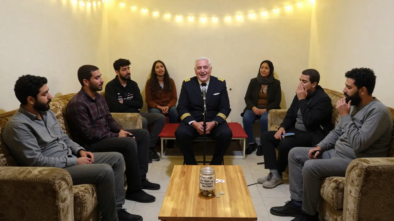 A small karaoke room in Karama where strangers sing Arabic songs together under string lights.
