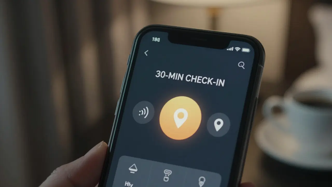A smartphone screen displaying a safety app with a countdown timer and location pin in a hotel room.