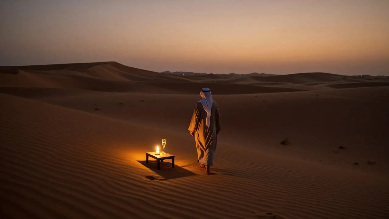 A solitary figure walking through desert dunes at dusk under candlelight and stars at Al Maha Desert Resort.
