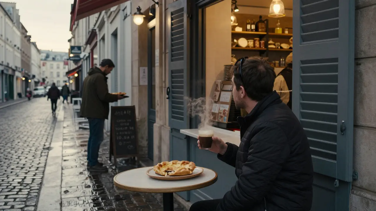 A solitary person eats a galette at a 24-hour crêperie as Paris wakes up at dawn.
