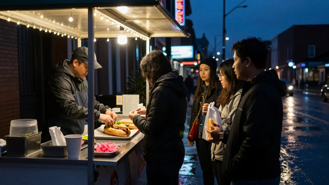A vendor wrapping banh mi at a night cart in Belleville, locals waiting in line under soft string lights.