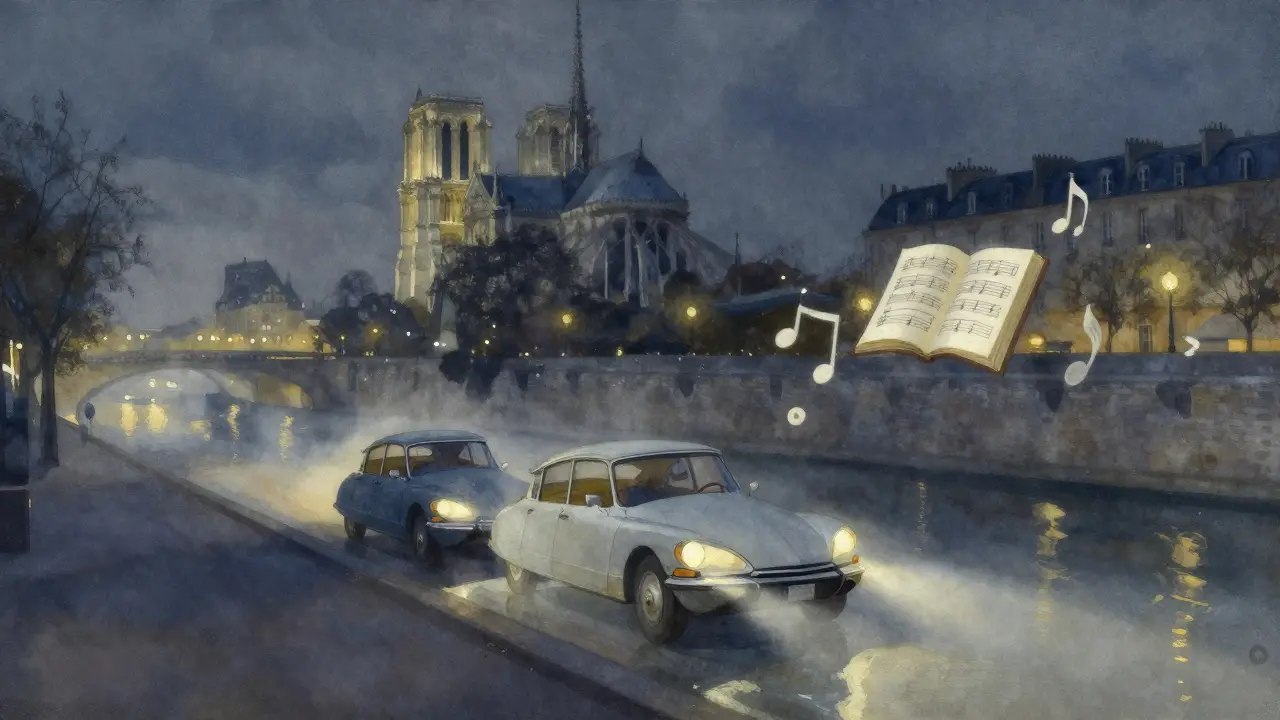 A vintage car glides along the Seine at night, reflections of books and music floating in the mist.