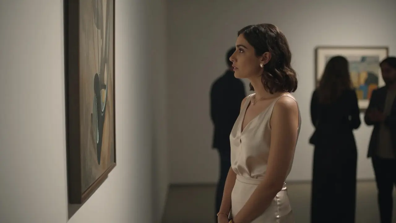 A woman in elegant attire conversing softly beside contemporary art in a dimly lit gallery, no crowds visible.