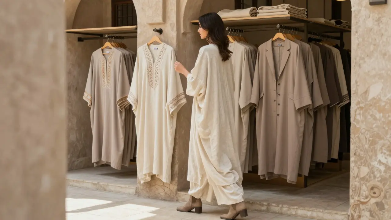 A woman in ivory linen attire browses modest chic clothing in a historic Dubai boutique.