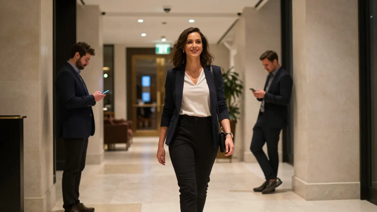 A woman walks confidently through a hotel lobby at night, radiating professionalism and trust.