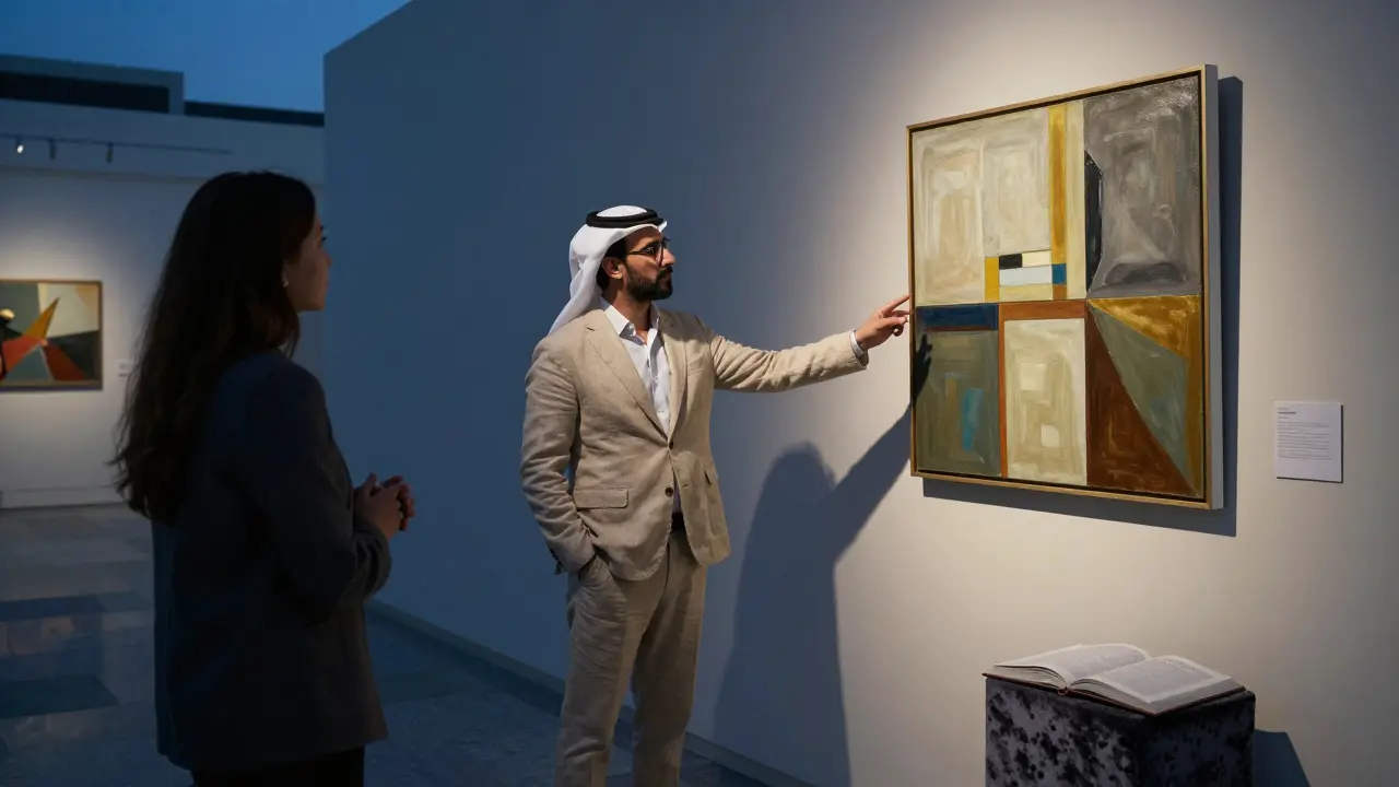 An art curator and client viewing a painting in a dimly lit Abu Dhabi gallery, surrounded by cultural artifacts.