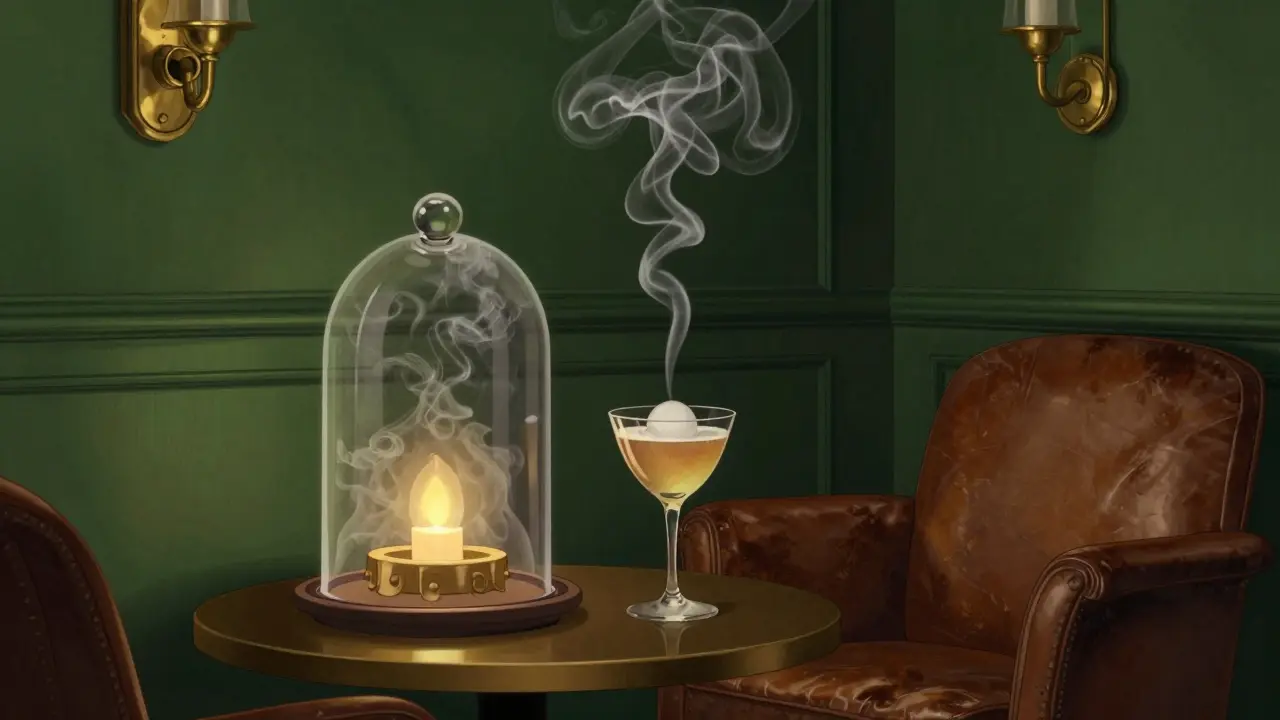 An elegant 1930s lounge with a smoking cocktail under a cloche, illuminated by candlelight in rich green and brass tones.