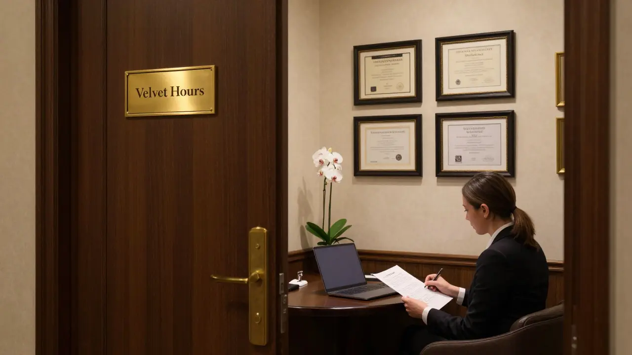 An elegant private agency office with professional documents and certificates, symbolizing discretion and intellect.