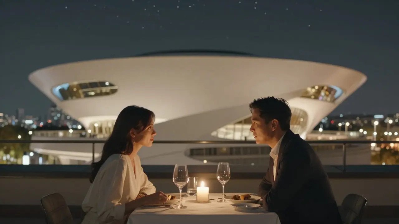 An intimate rooftop dinner under stars at the Museum of the Future, with quiet conversation and candlelight.