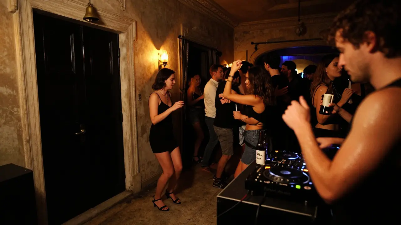 An intimate underground club with a brass bell and dancers moving to deep house music in low light.