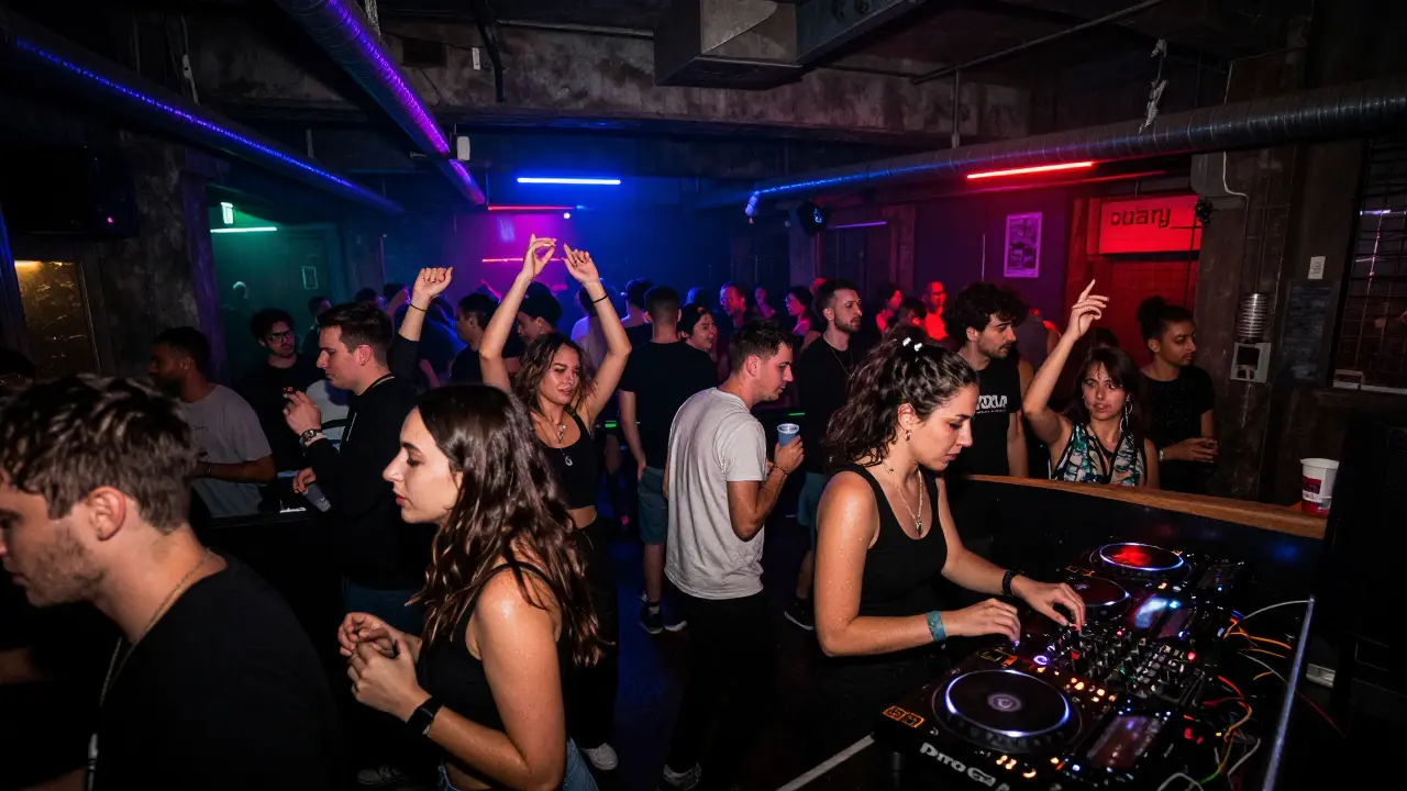 An underground Milan nightclub with strobing lights and dancers immersed in techno music, raw and unpolished.