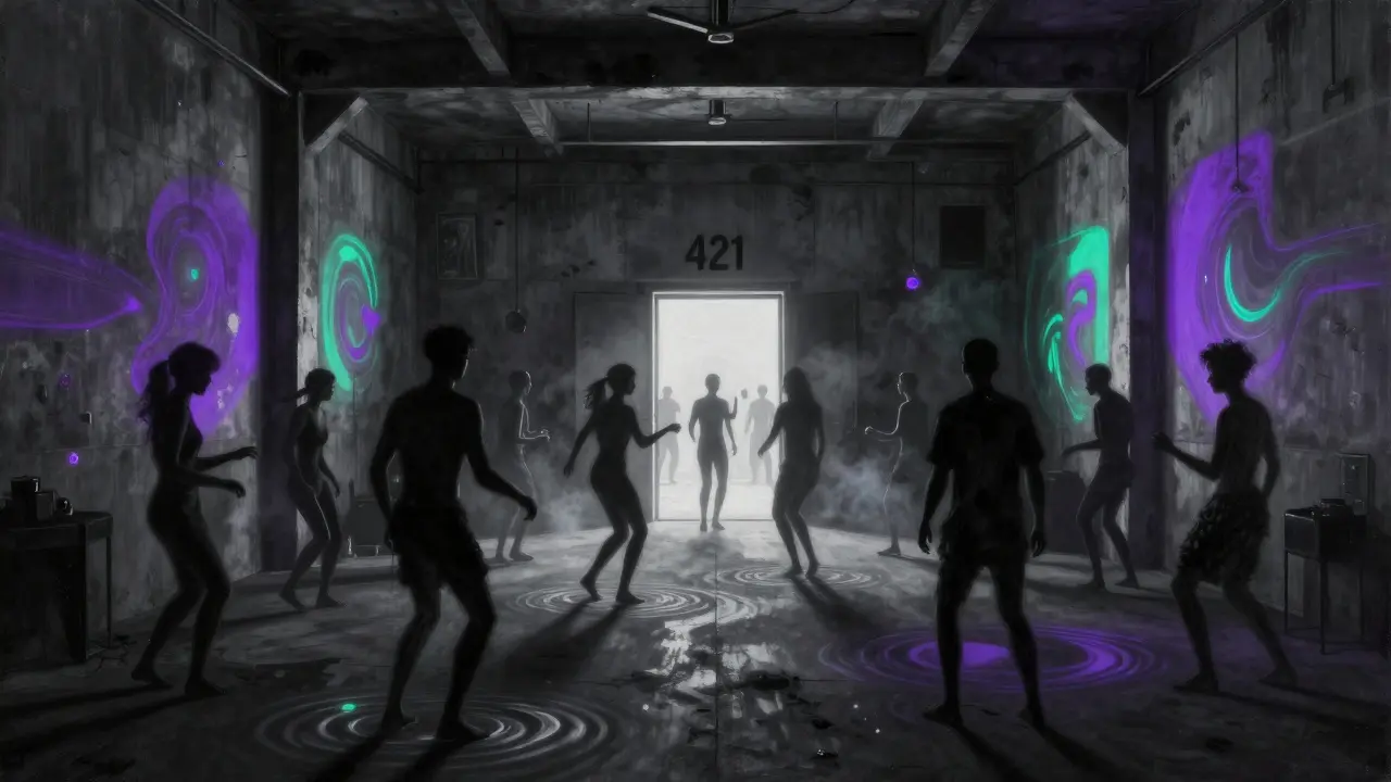 An underground warehouse party in Alserkal Avenue with glowing art projections and dancers.