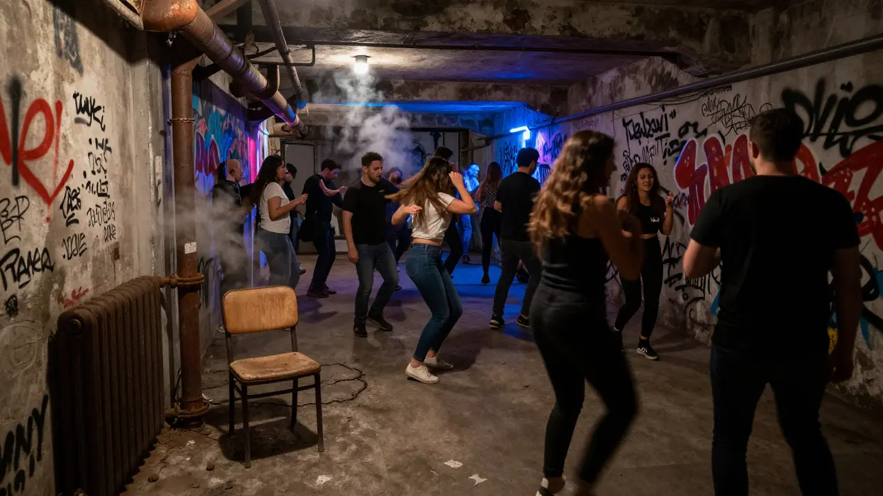 An underground warehouse party with multilingual graffiti, people dancing to pulsing bass, and flickering neon lighting.
