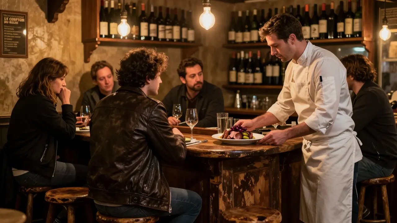 Chef serving duck confit at Le Comptoir du Relais, candlelight glowing on wooden counter with diners in quiet intimacy.