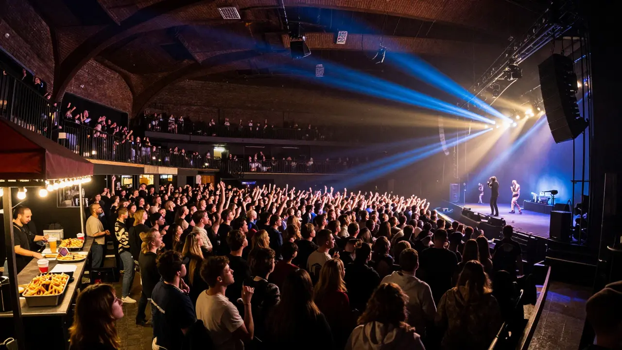 Energetic concert at O2 Academy Brixton with fans immersed in music under golden and blue lights.