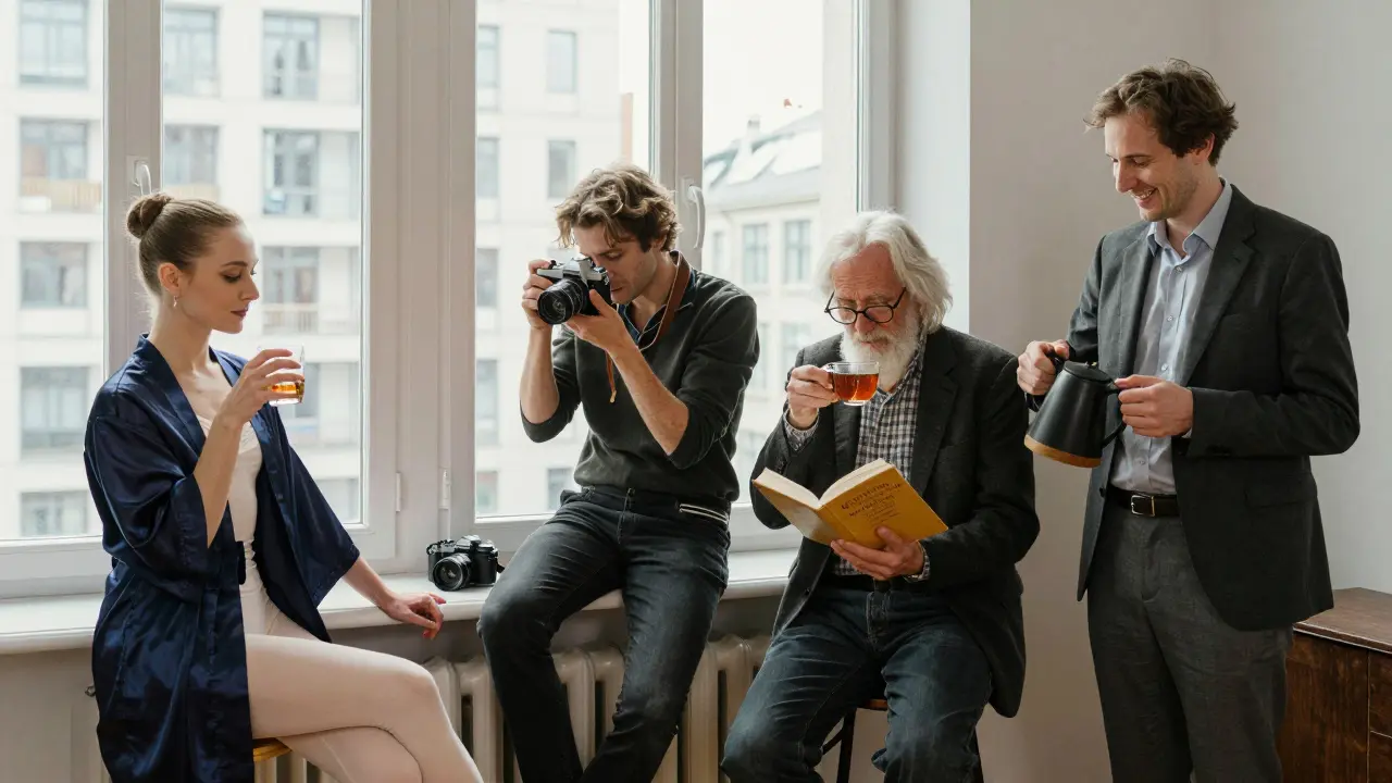Four independent Berlin companions—each unique in age, gender, and style—engaged in personal moments of calm, natural light, no stereotypes.