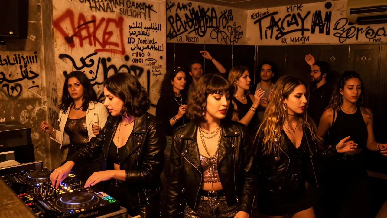 Inside Bar 1919, a diverse crowd dances under dim lights, graffiti-covered walls, and a non-binary DJ performing.