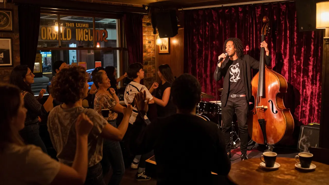 Intimate performance at The Jazz Cafe with a soul singer and cozy, dimly lit audience.