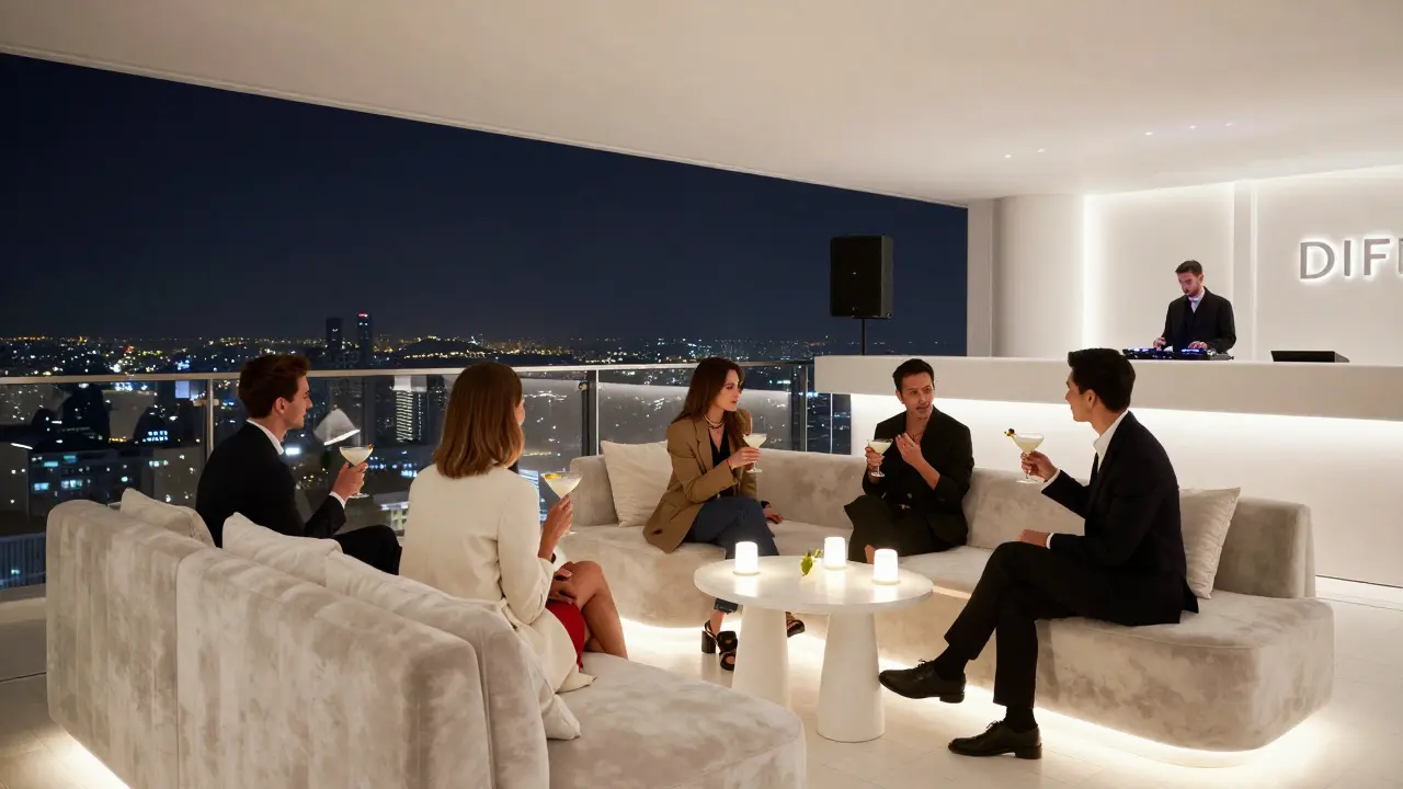 Luxury rooftop lounge with all-white decor and guests sipping cocktails under soft lighting.