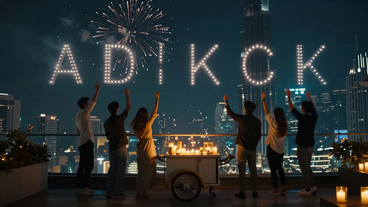 Private terrace with LED initials glowing as fireworks explode over Burj Khalifa at night.