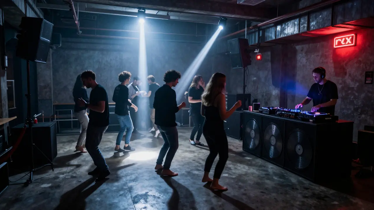 Raw industrial club with concrete floors and pulsing bass, people dancing under strobe lights.