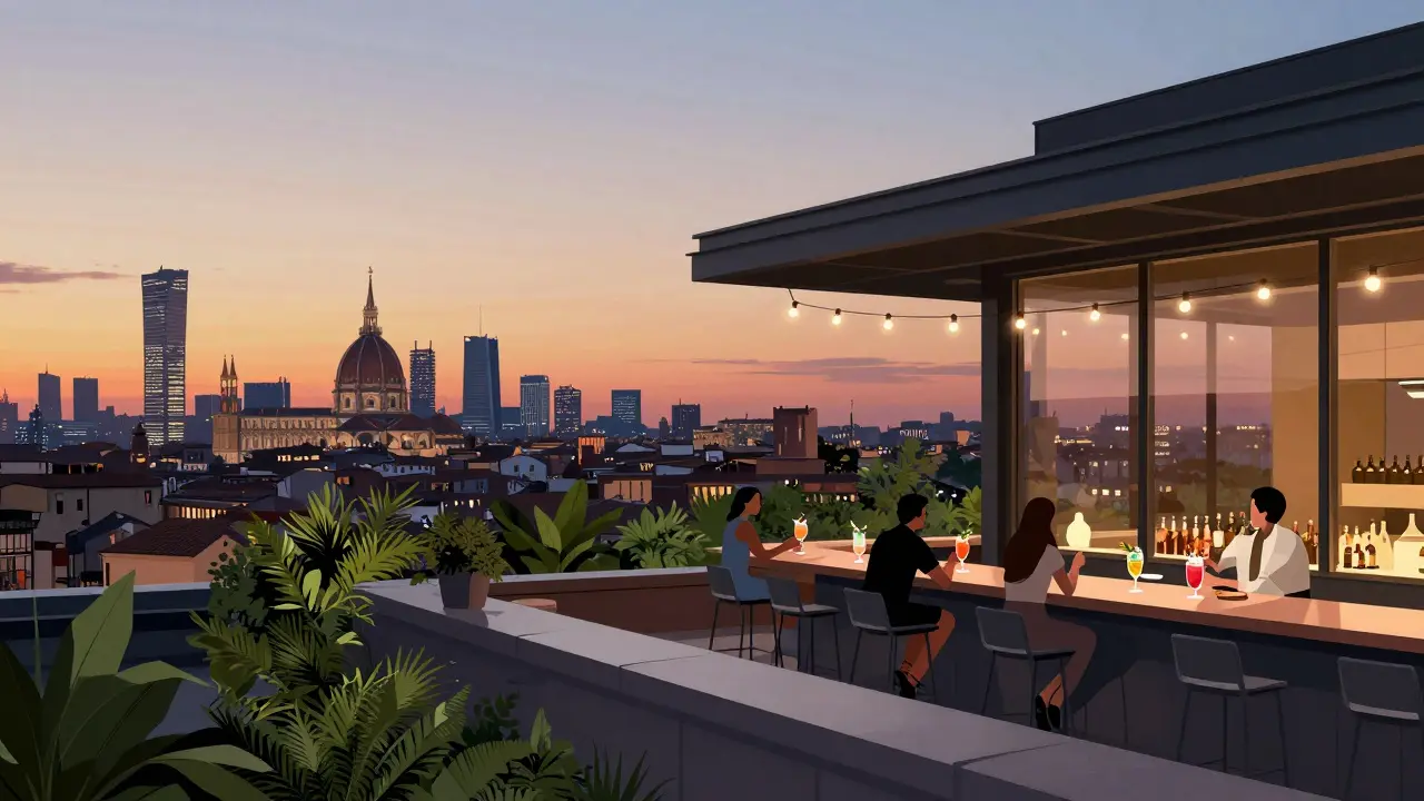 Rooftop bar with city skyline view, patrons sipping cocktails as dusk turns to night.