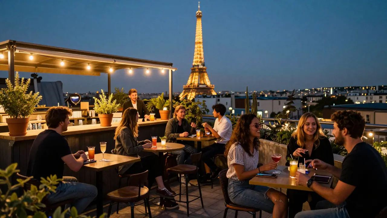 Rooftop bar with string lights and herbs, Eiffel Tower glowing in background, patrons enjoying cocktails.