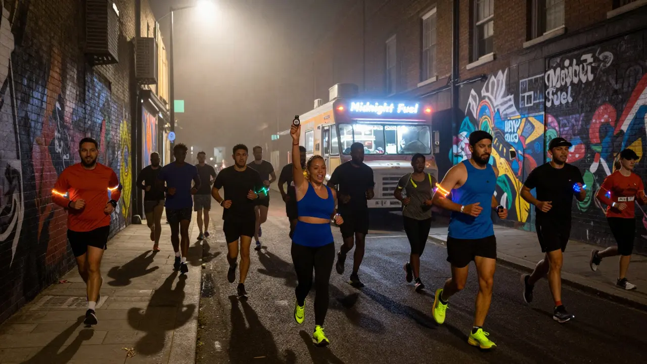 Runners in glowing gear sprinting through an alley lit by street art, with a food truck in the distance.