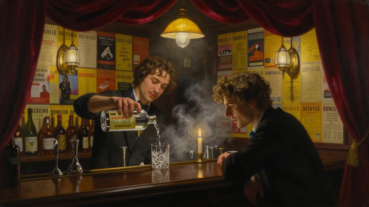 Secret basement bar lined with signed playbills, bartender pouring a themed cocktail in dim candlelight.