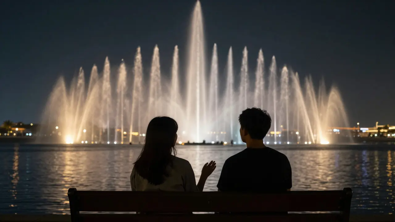 Silhouettes sit together on a bench watching the Dubai Fountain, sharing a peaceful moment under the night sky.