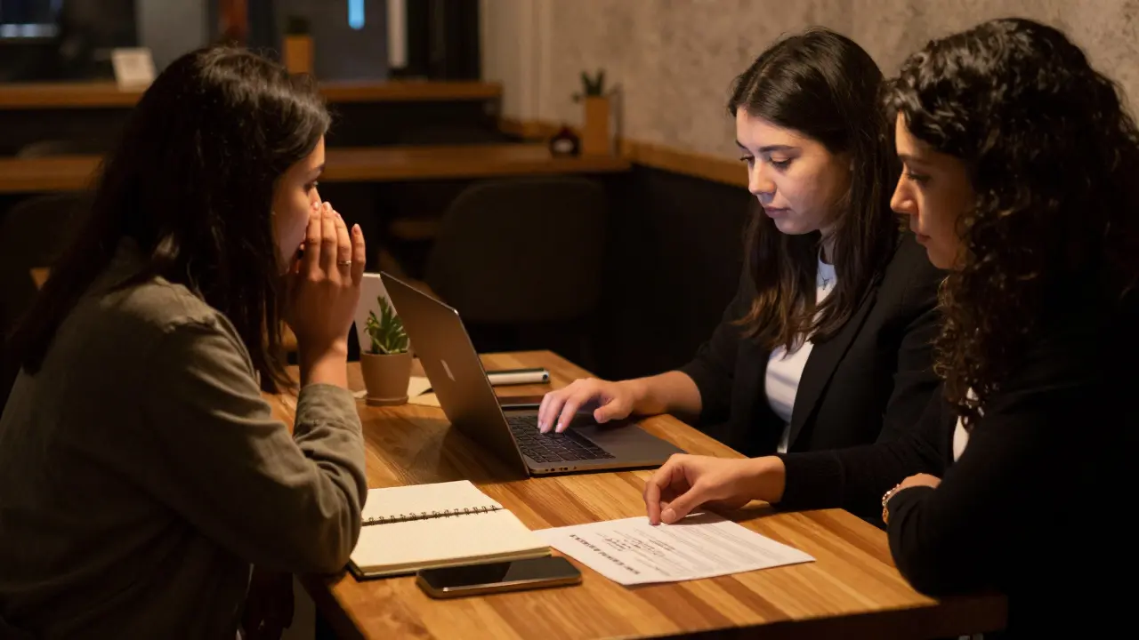 Three women in a quiet café sharing notes and code words during a support group meeting.