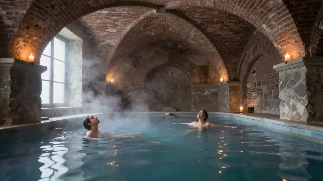 Two individuals floating peacefully in a steamy thermal pool surrounded by ancient brick arches and flickering candles.