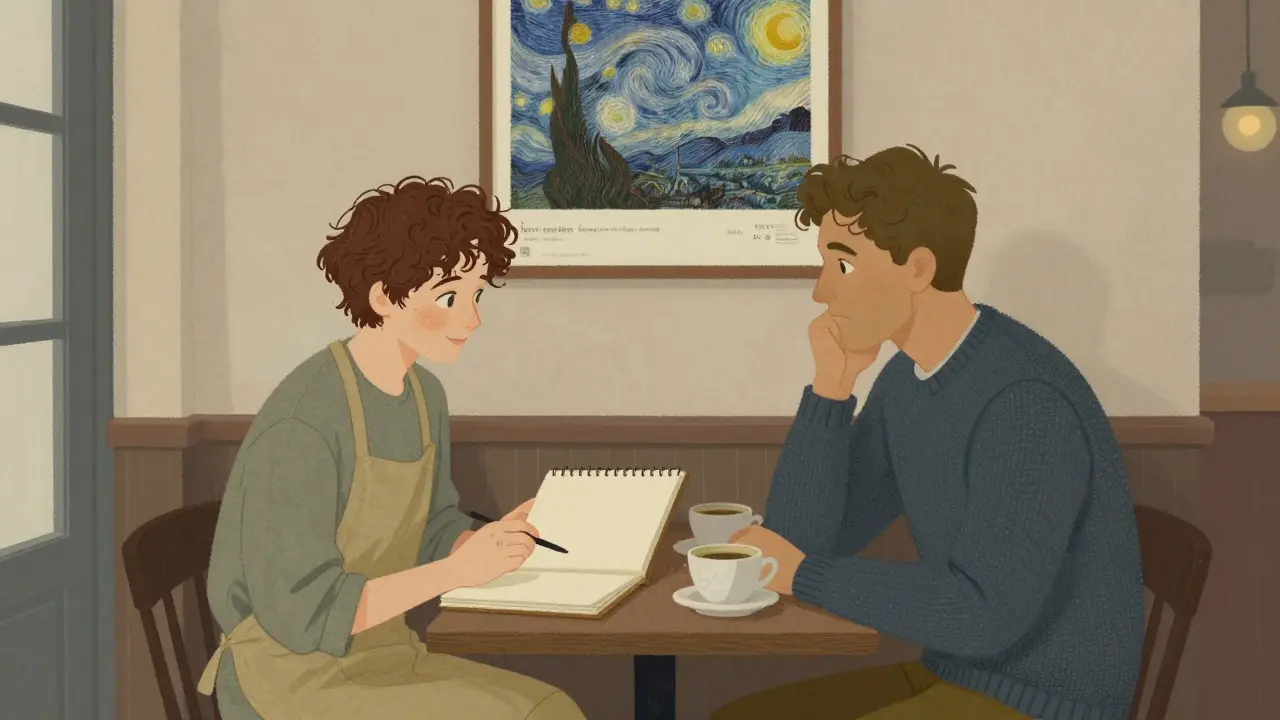 Two people in a café share a quiet moment over coffee, engaged in thoughtful conversation.