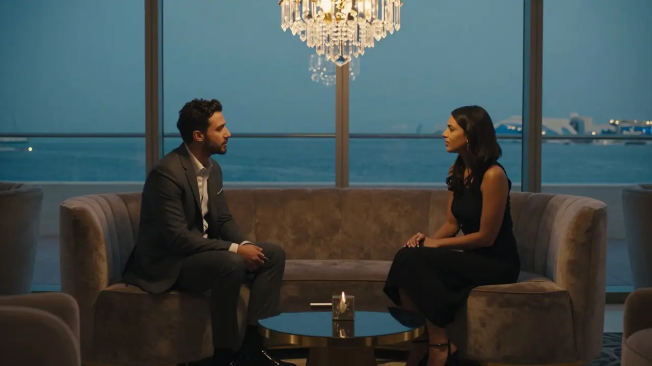 Two people in a private lounge in Dubai Marina engaged in quiet, intimate conversation without phones or overt signs of transaction.