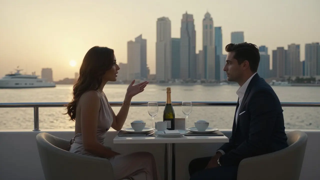 Two people on a private yacht at sunset, sharing a quiet dinner with the Dubai skyline behind them.