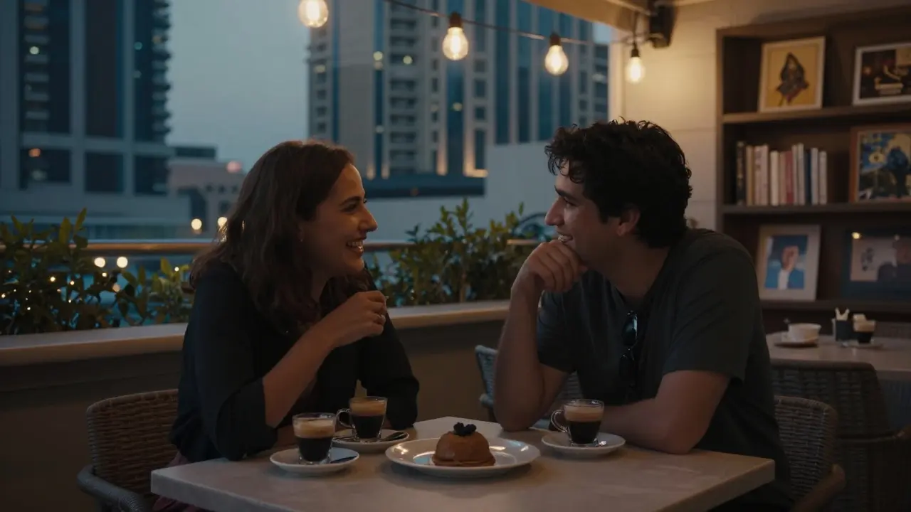 Two people share a quiet evening at a rooftop café in Dubai, laughing softly over espresso.