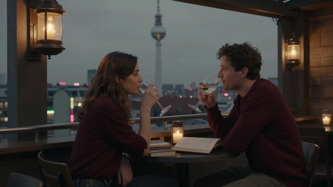 Two people share a quiet moment in a hidden rooftop bar, wine in hand, overlooking Berlin's skyline.