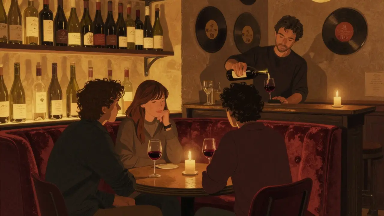 Two people sit close on a velvet banquette in a candlelit Parisian wine bar, sipping wine in quiet intimacy.