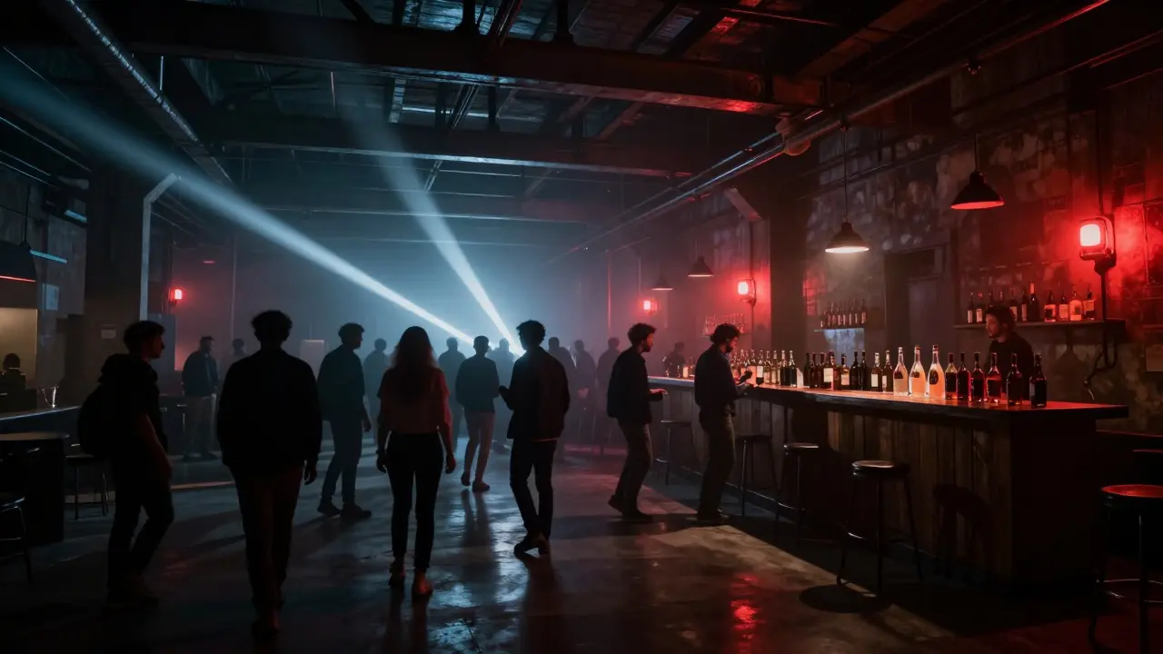 Underground warehouse club with crowd dancing under strobe lights and fog in a raw industrial space.